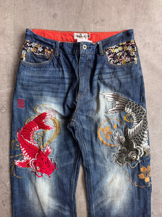 Kara Kuri Koi Embroidered Floral Denim Jeans