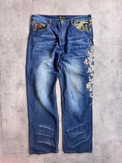 Japanese Koi Embroidered Distressed Denim Jeans