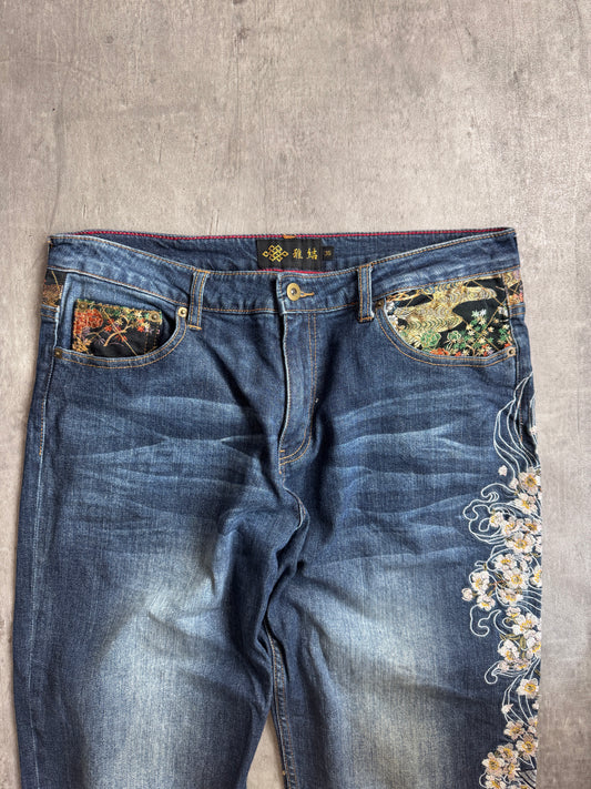 Japanese Koi Embroidered Distressed Denim Jeans