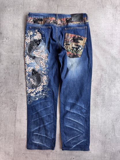 Japanese Koi Embroidered Distressed Denim Jeans