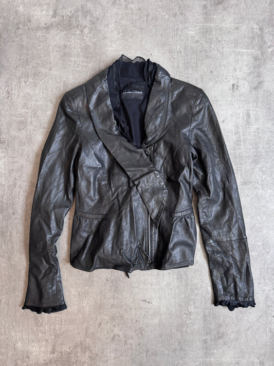 Emporio Armani Black Asymmetric Lambs Leather Mesh Trim Jacket