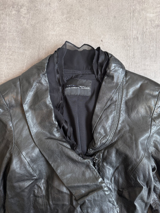 Emporio Armani Black Asymmetric Lambs Leather Mesh Trim Jacket