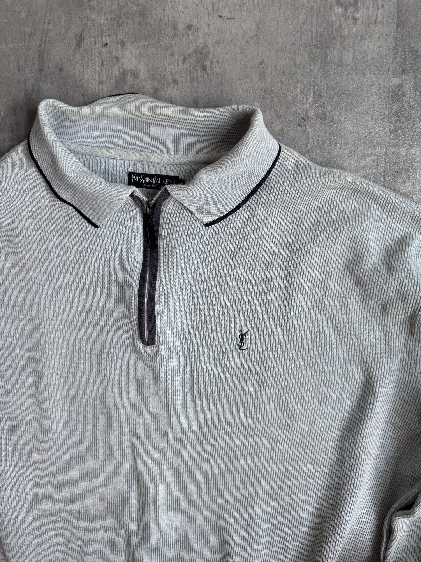 YSL Grey Ribbed Quarter Zip Sweater