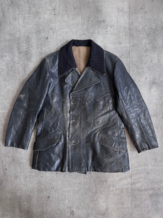 1940's Double Breasted Corbusier Black Horsehide Leather Jacket