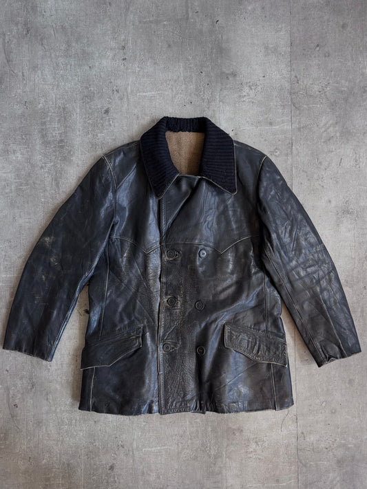 1940's Double Breasted Corbusier Black Horsehide Leather Jacket