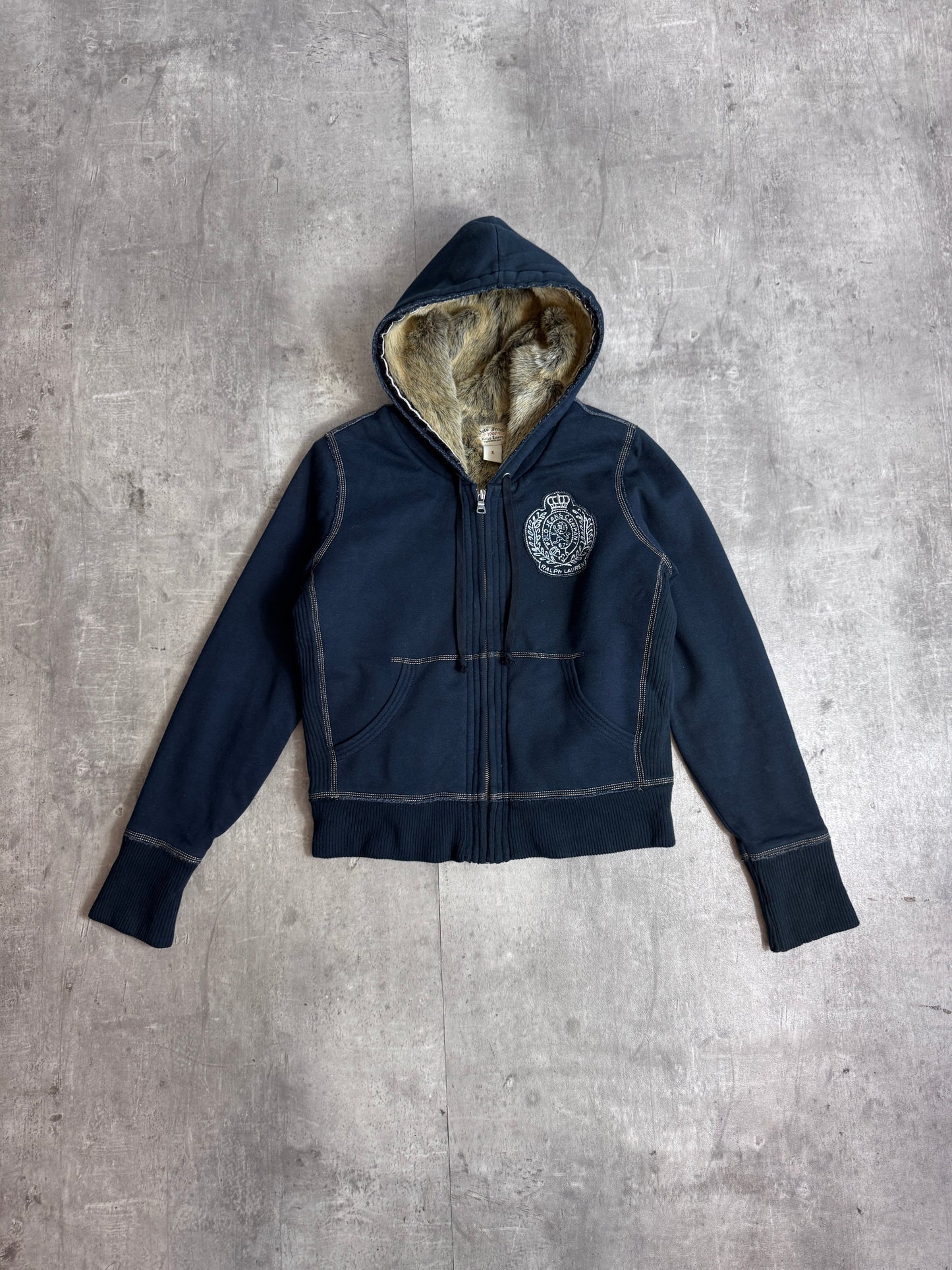 Ralph Lauren Polo Jeans Navy Blue Zip Up Fur Lined Hoodie