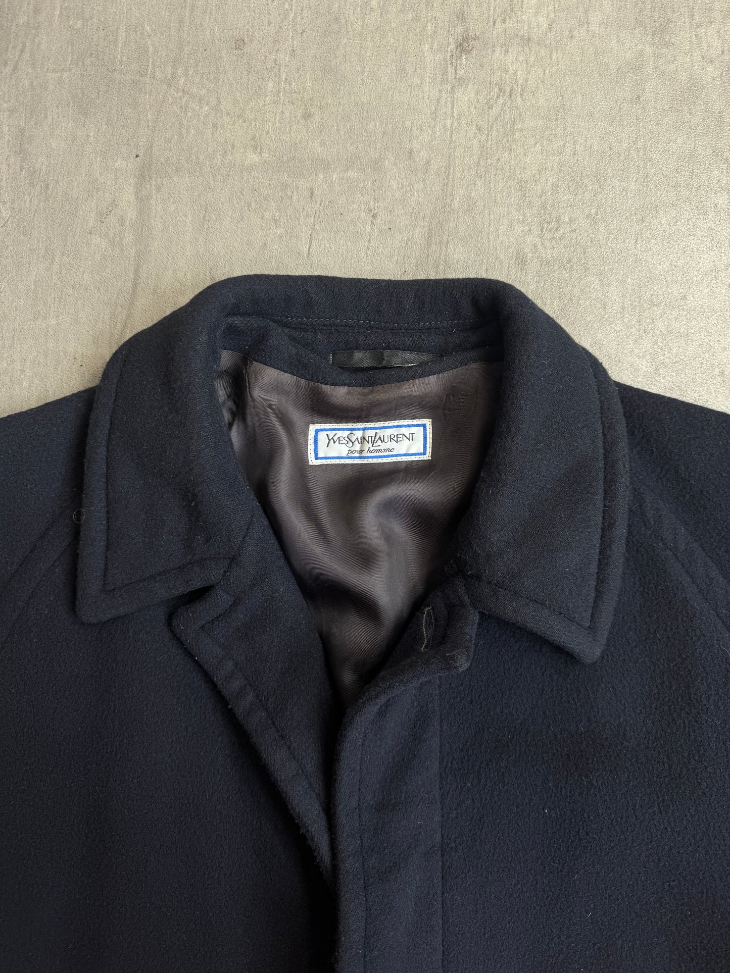 1980's YSL Navy Wool Single Breasted Military Balmacaan Coat