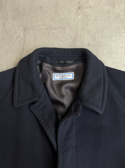 1980's YSL Navy Wool Single Breasted Military Balmacaan Coat