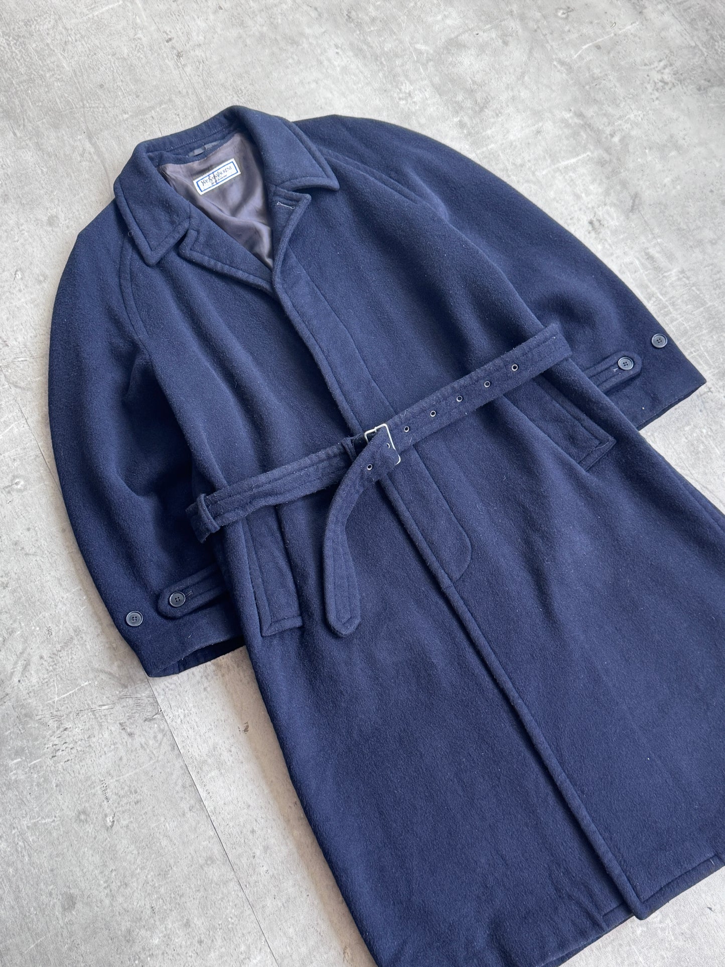 1980's YSL Navy Wool Single Breasted Military Balmacaan Coat