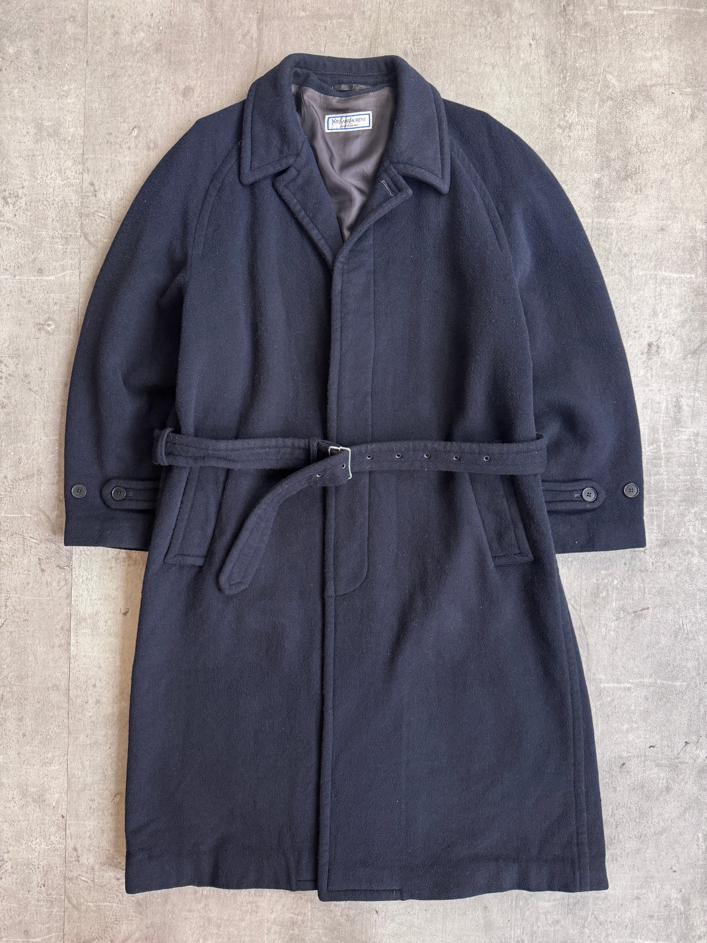 1980's YSL Navy Wool Single Breasted Military Balmacaan Coat
