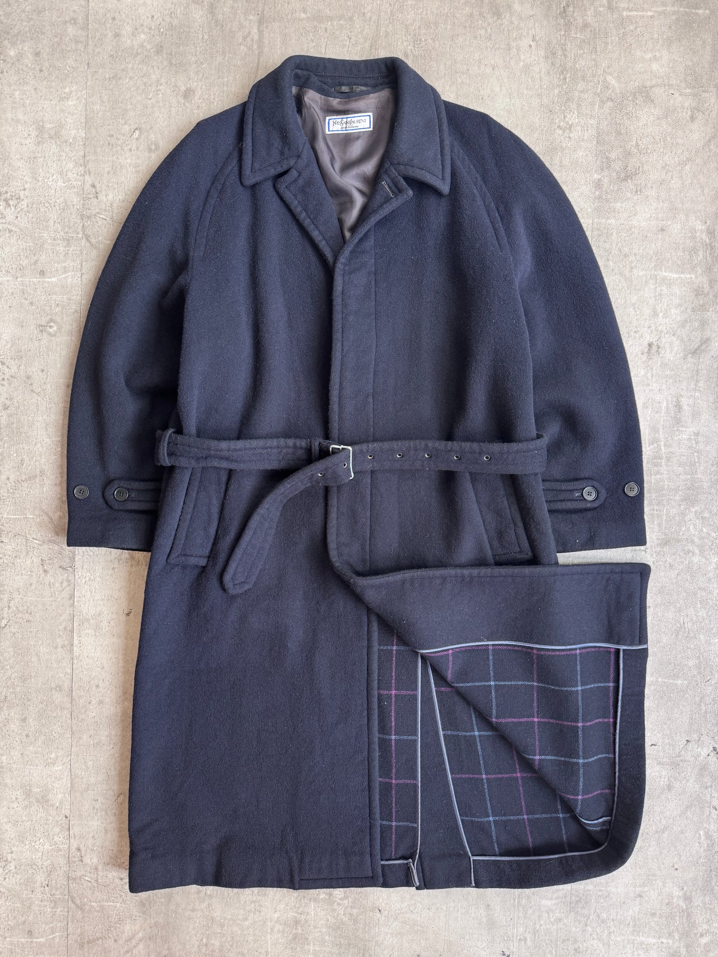 1980's YSL Navy Wool Single Breasted Military Balmacaan Coat