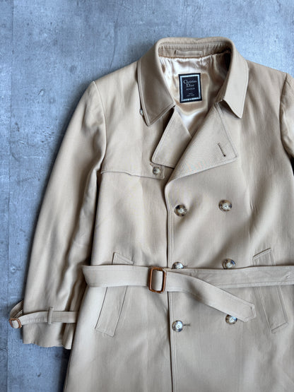 1990s Christian Dior Silk Lined Camel Double Breasted Trench Coat
