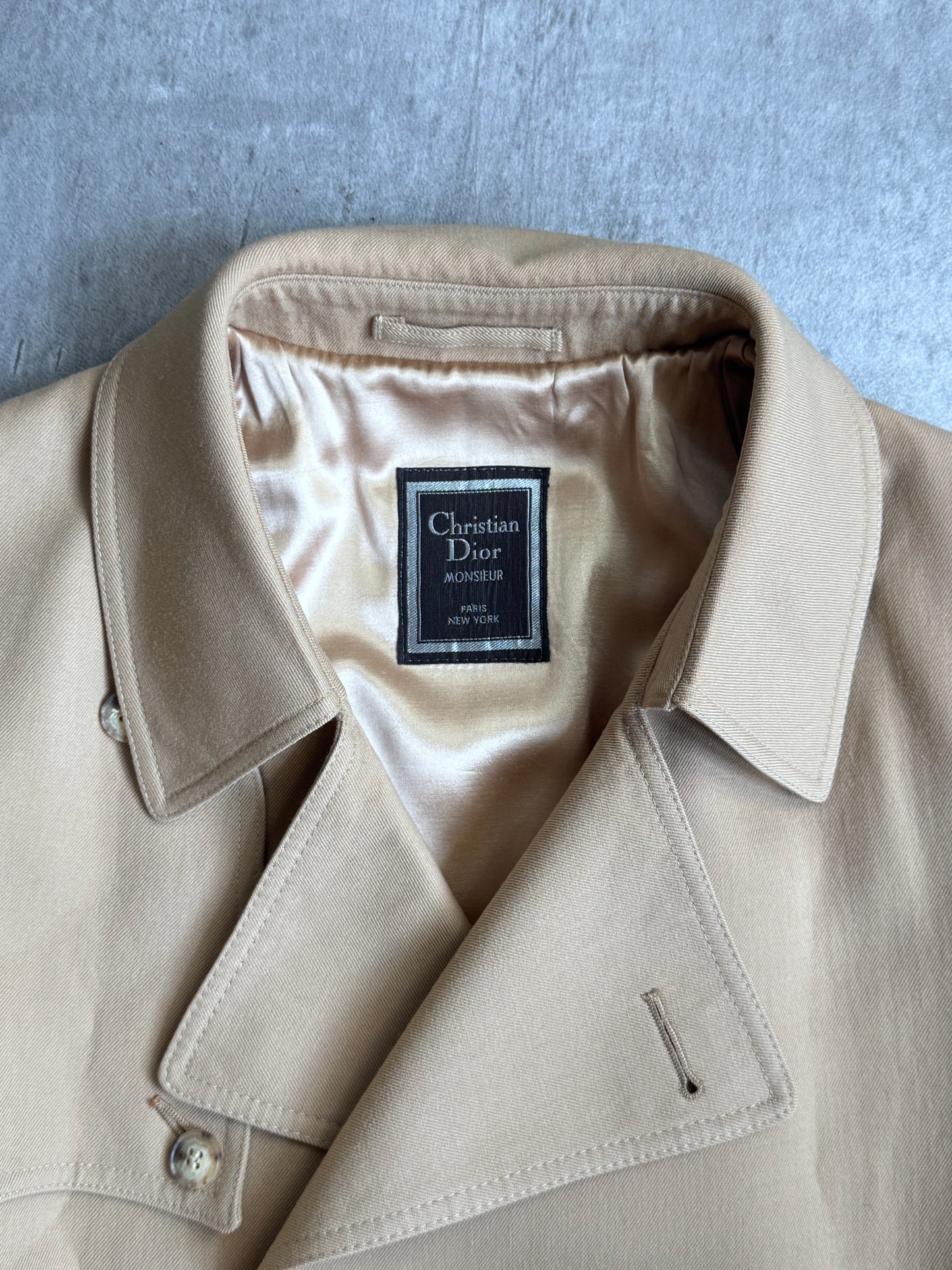 1990s Christian Dior Silk Lined Camel Double Breasted Trench Coat
