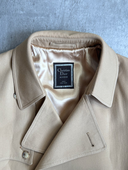 1990s Christian Dior Silk Lined Camel Double Breasted Trench Coat