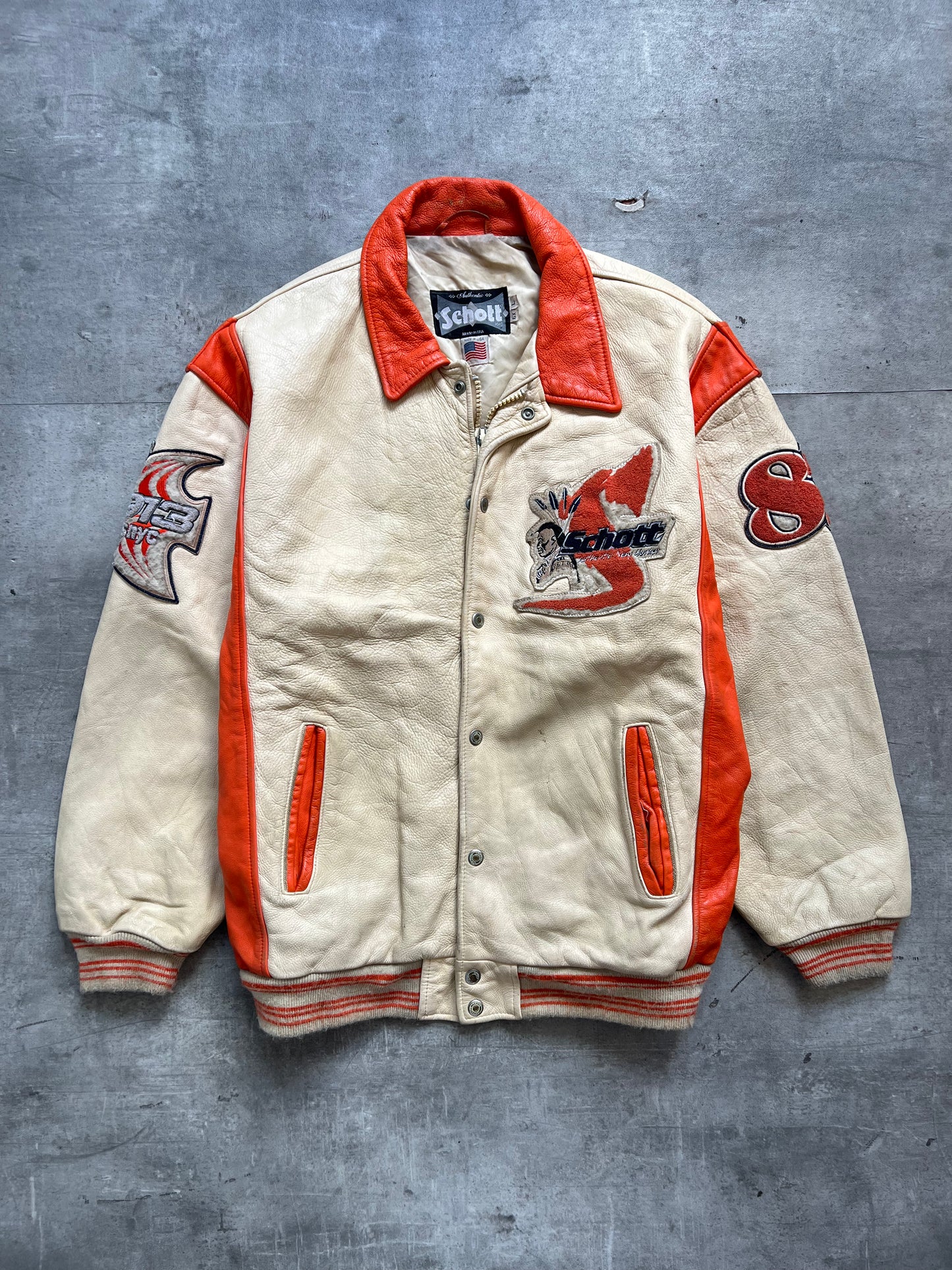 1990's Schott NYC 'Authentic New Yorker' Two Tone Leather Varsity Jacket