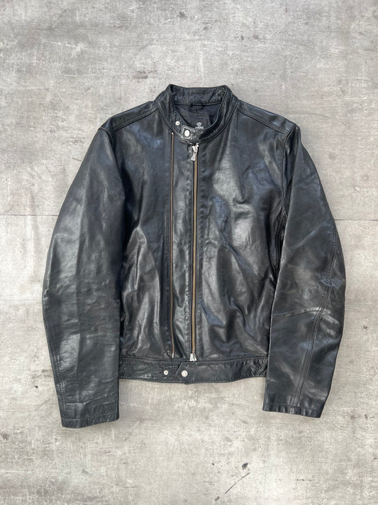 1990's Versace Jeans Double Zip Leather Cafe Racer Jacket