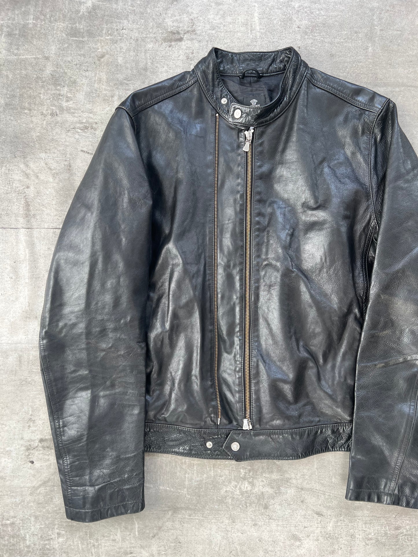 1990's Versace Jeans Double Zip Leather Cafe Racer Jacket