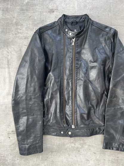 1990's Versace Jeans Double Zip Leather Cafe Racer Jacket