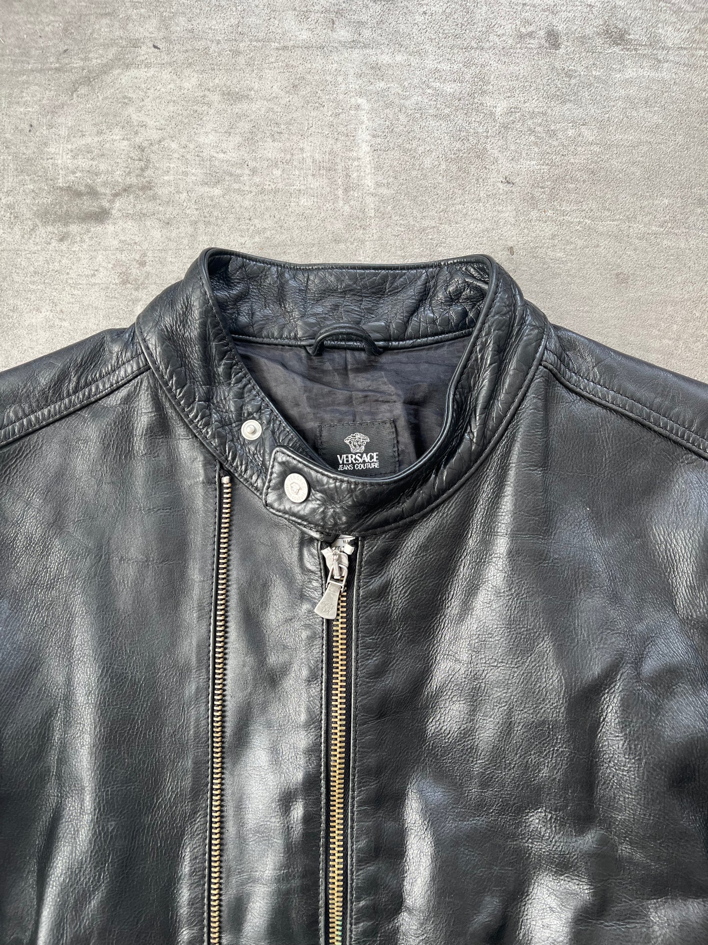 1990's Versace Jeans Double Zip Leather Cafe Racer Jacket