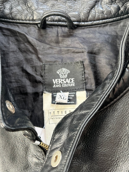 1990's Versace Jeans Double Zip Leather Cafe Racer Jacket