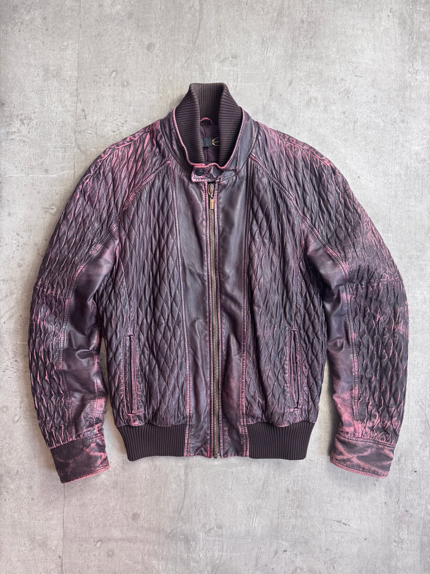 Cavalli Distressed Double Collar Ruched Leather Moto Jacket