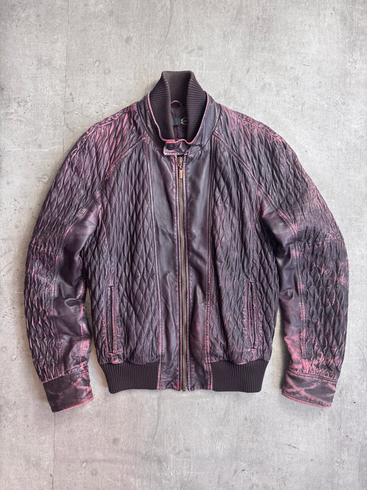 Cavalli Distressed Double Collar Ruched Leather Moto Jacket