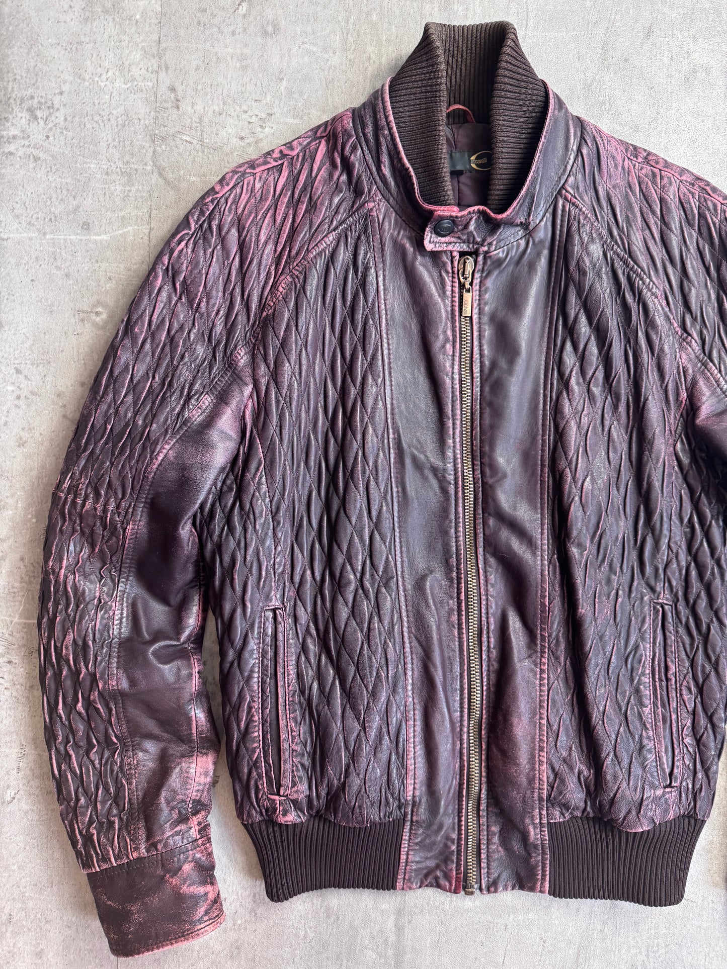 Cavalli Distressed Double Collar Ruched Leather Moto Jacket