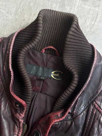 Cavalli Distressed Double Collar Ruched Leather Moto Jacket