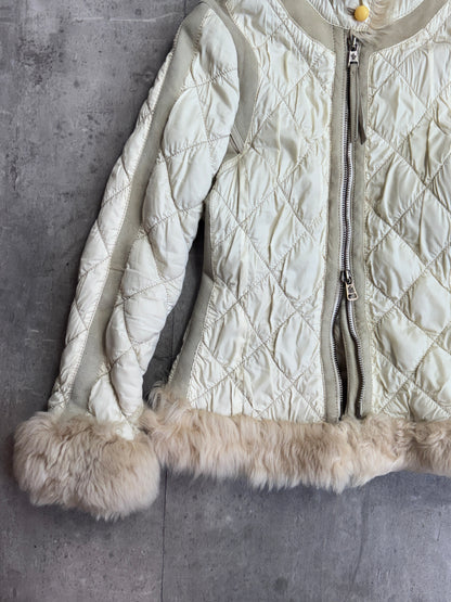 Moncler Fur Suede Trim Beige Quilted Hooded Jacket