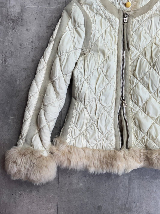 Moncler Fur Suede Trim Beige Quilted Hooded Jacket