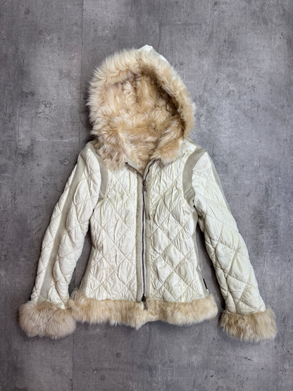 Moncler Fur Suede Trim Beige Quilted Hooded Jacket