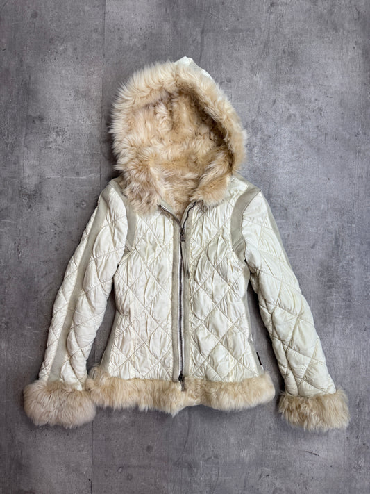 Moncler Fur Suede Trim Beige Quilted Hooded Jacket