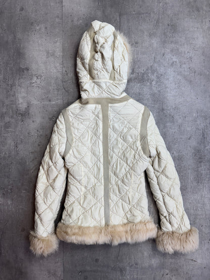 Moncler Fur Suede Trim Beige Quilted Hooded Jacket