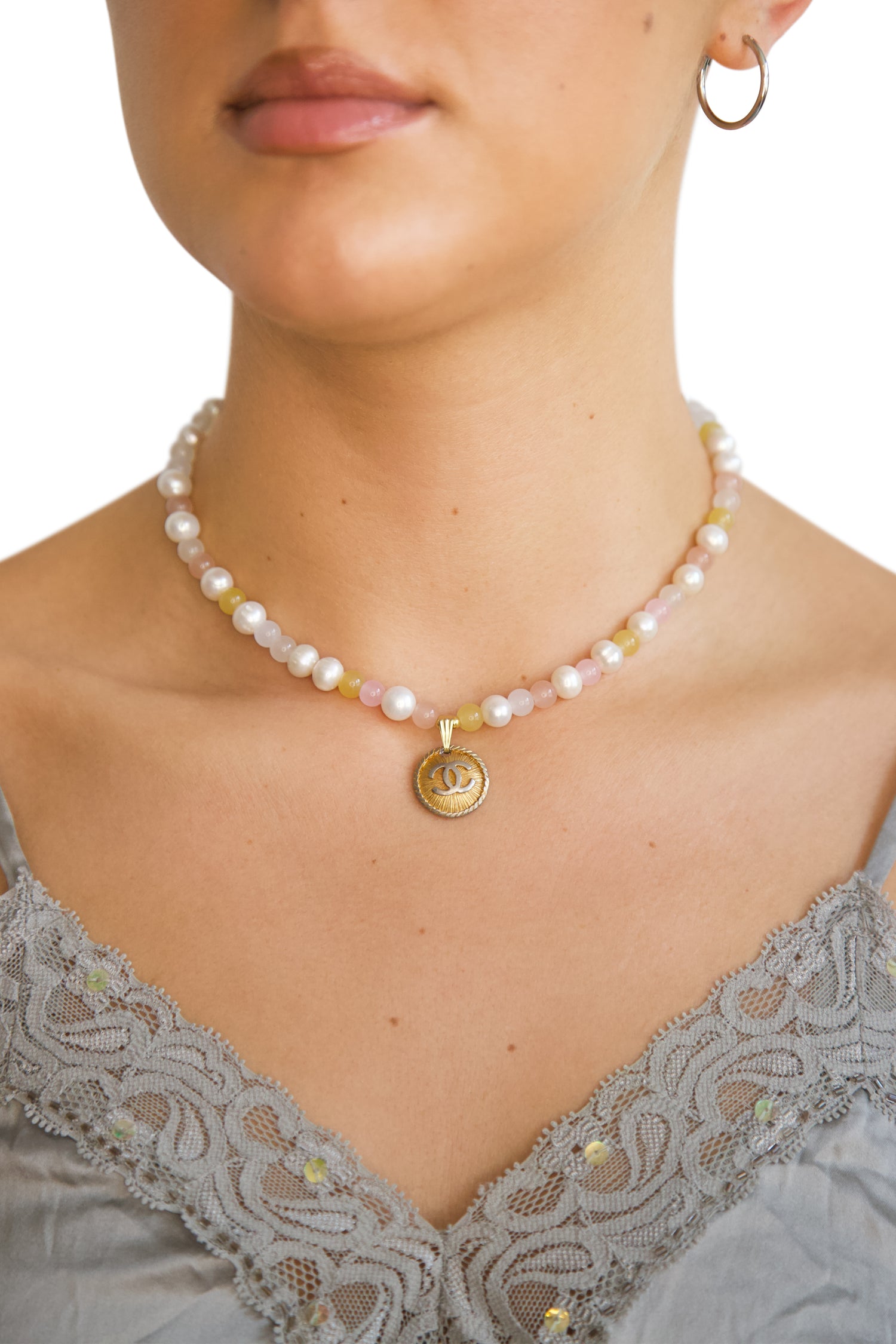 VT Rework :  Chanel Button Cultured Pearl Reworked Necklace