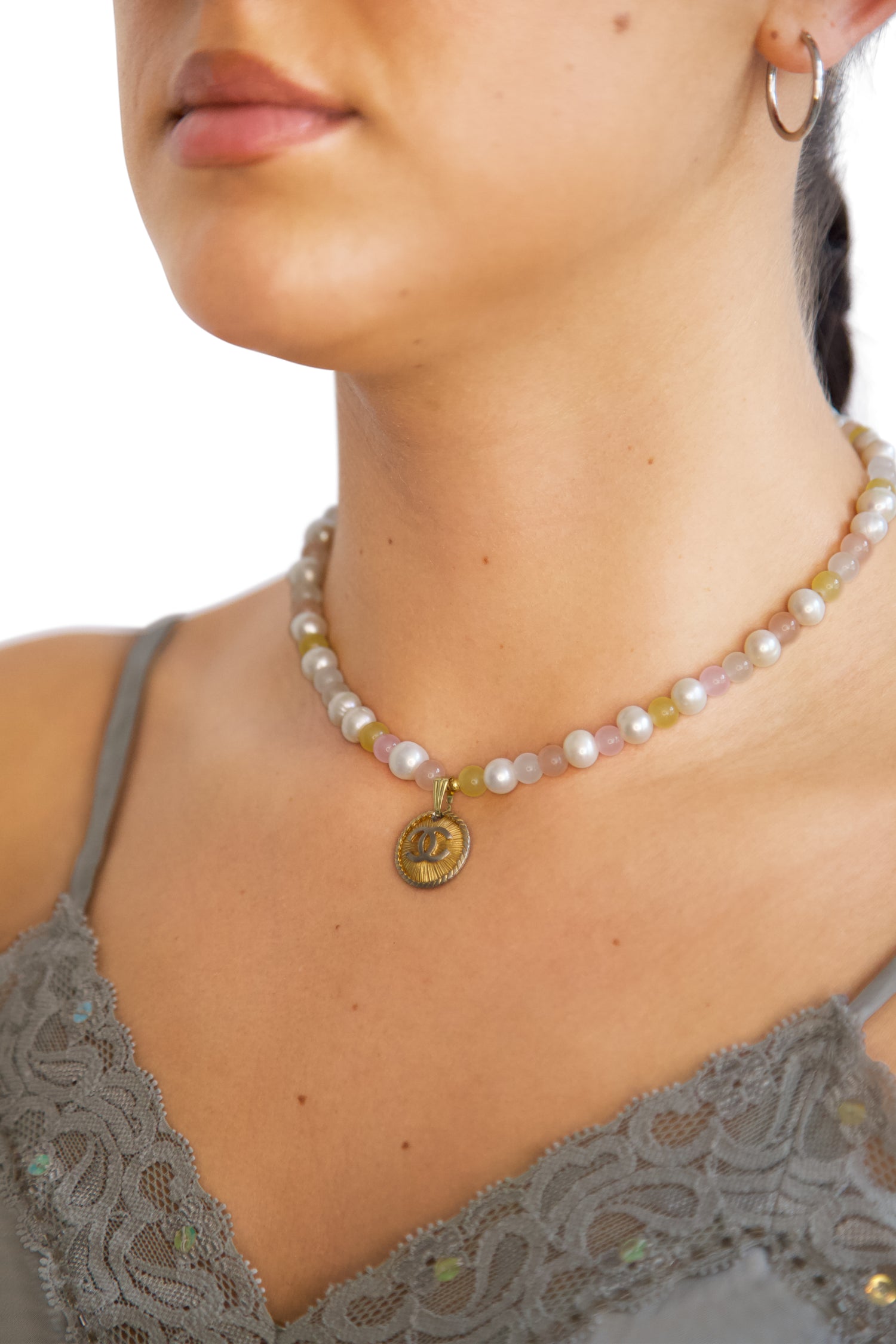 VT Rework :  Chanel Button Cultured Pearl Reworked Necklace
