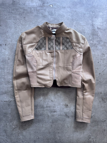 VT Rework: Gucci Cropped Tan Leather Monogram Jacket