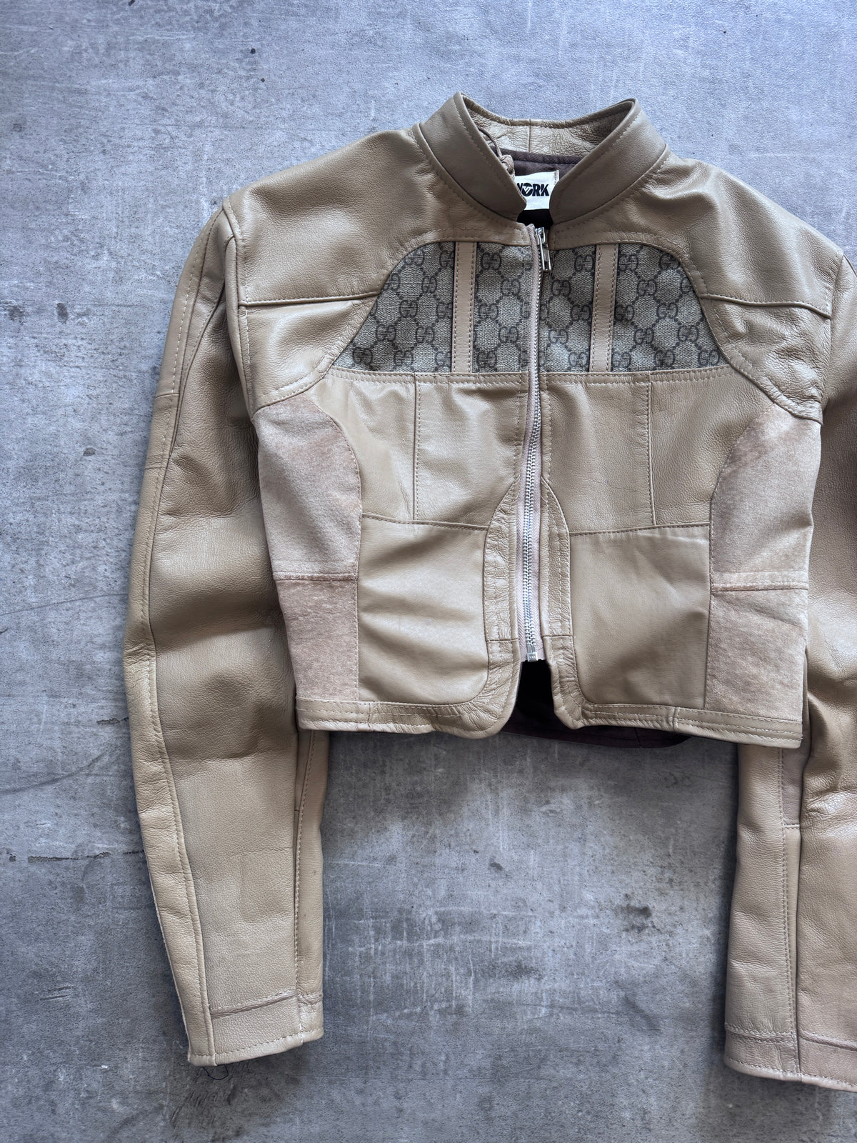 VT Rework: Gucci Cropped Tan Leather Monogram Jacket