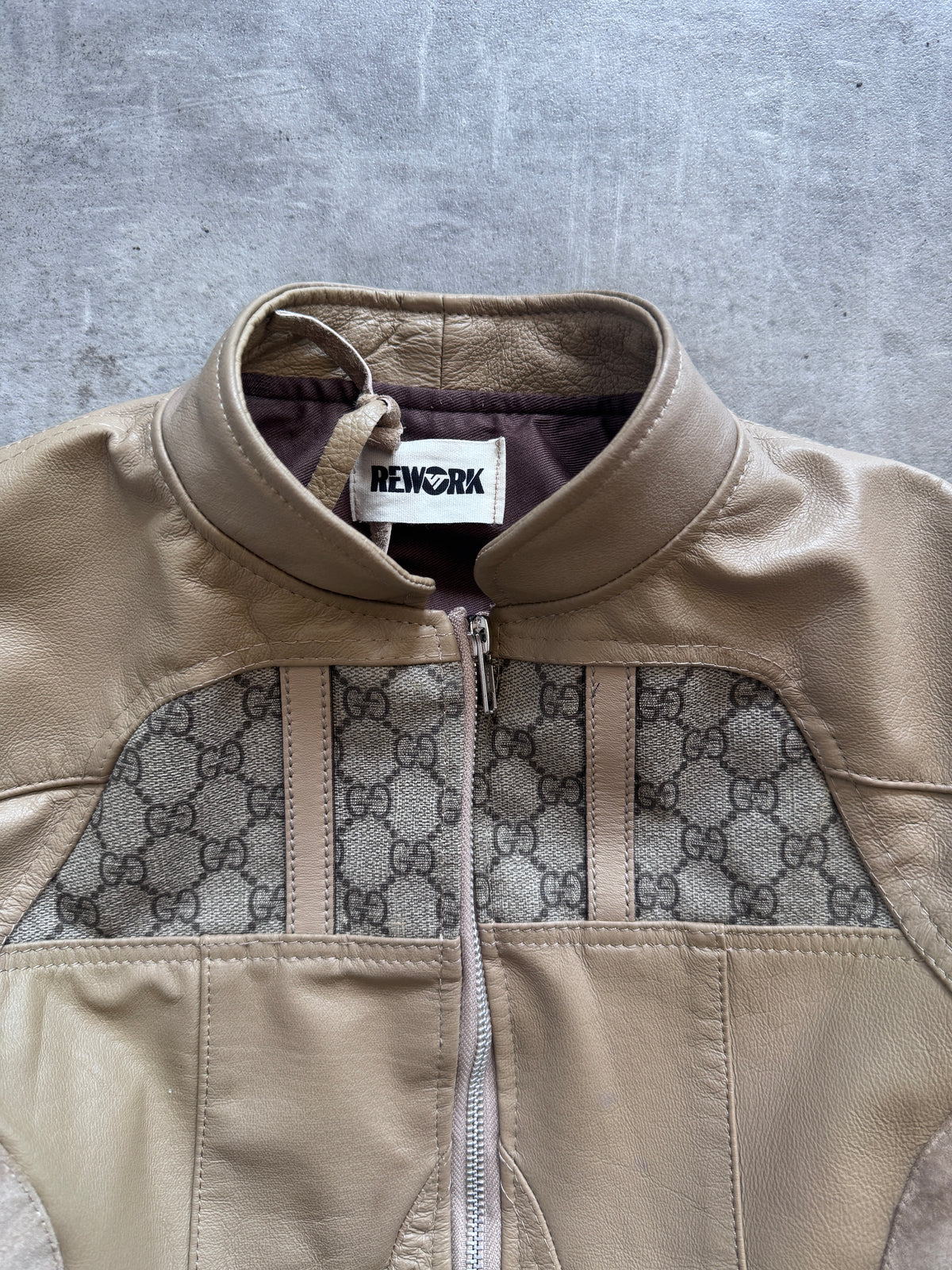 VT Rework: Gucci Cropped Tan Leather Monogram Jacket