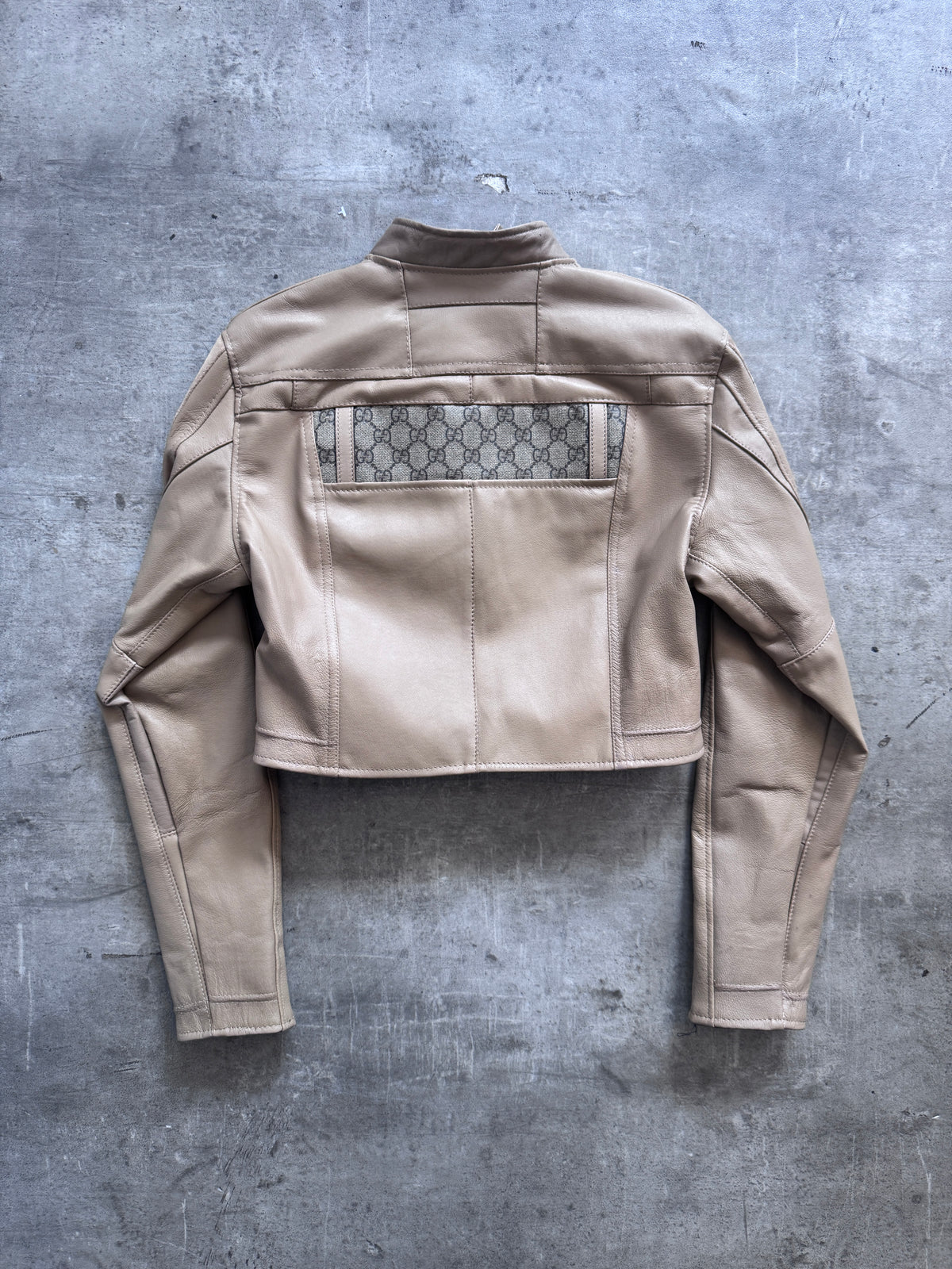 VT Rework: Gucci Cropped Tan Leather Monogram Jacket
