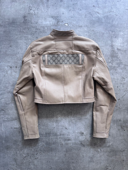 VT Rework: Gucci Cropped Tan Leather Monogram Jacket