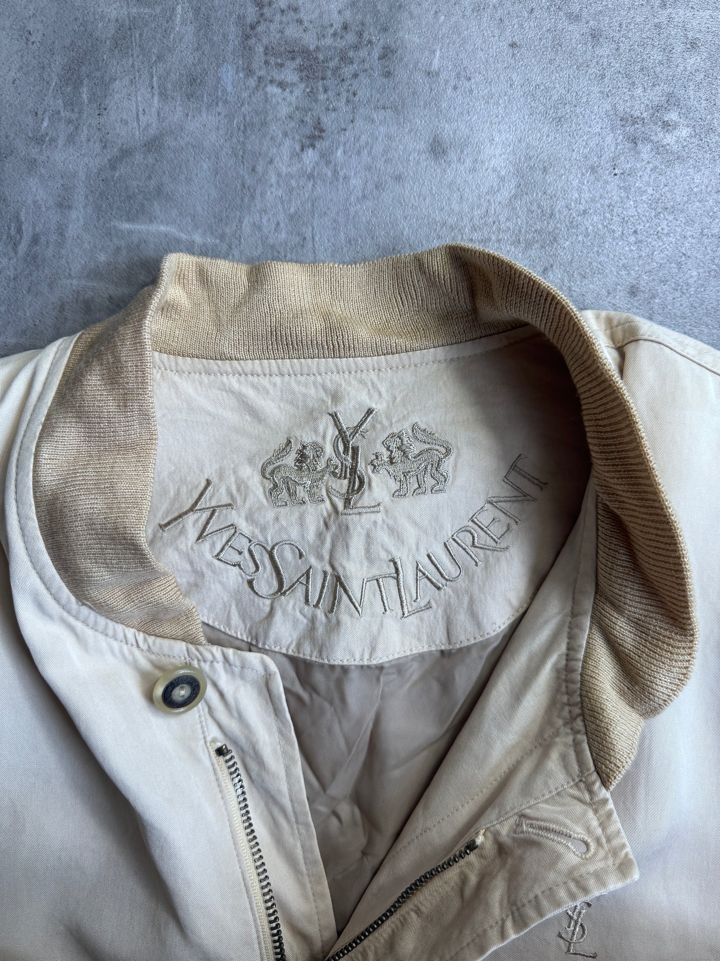 YSL Beige Logo Embroidered Bomber Jacket