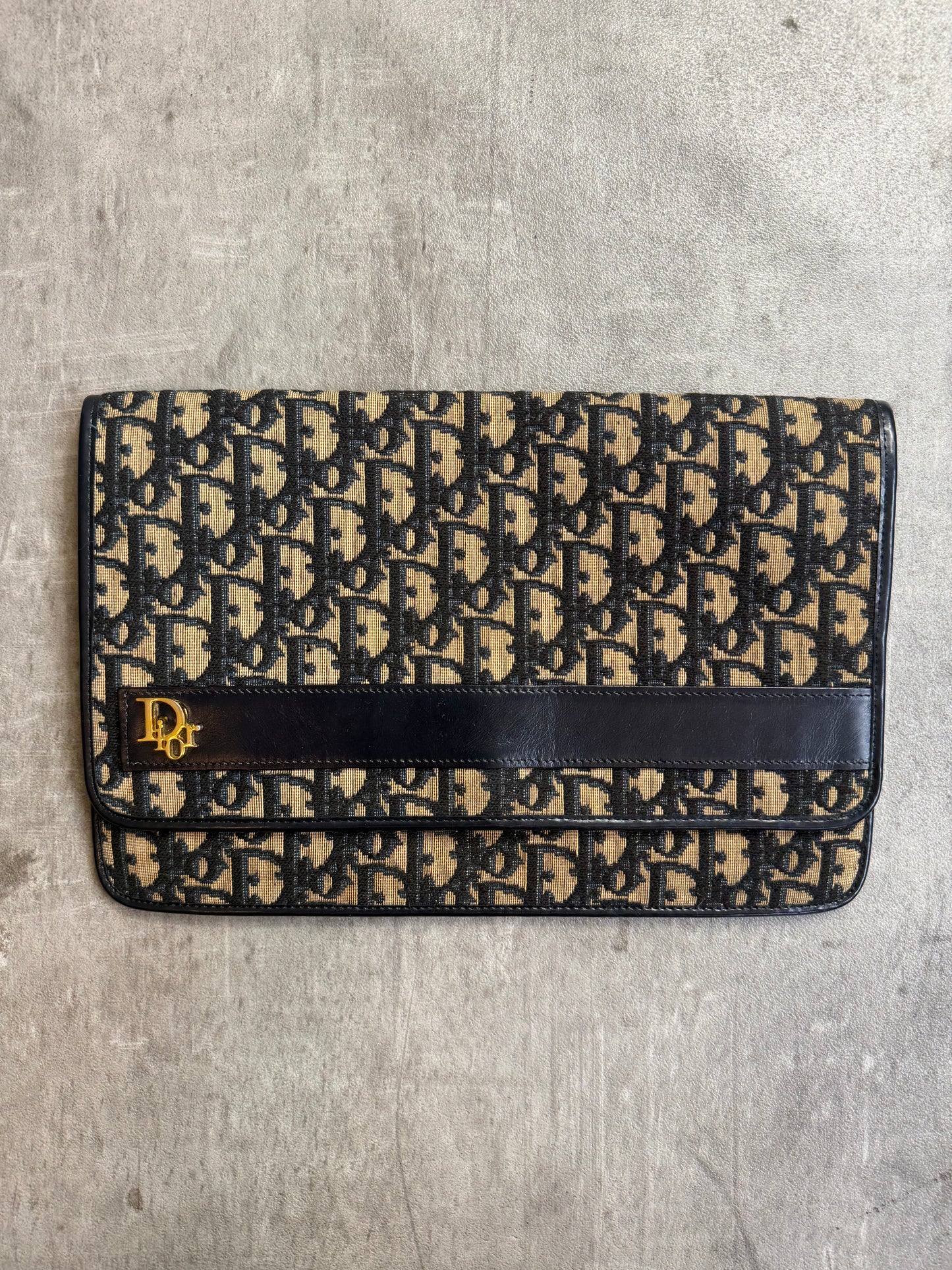 Christian Dior Trotter Canvas Gold Tone Hardware Black Leather Detail Clutch