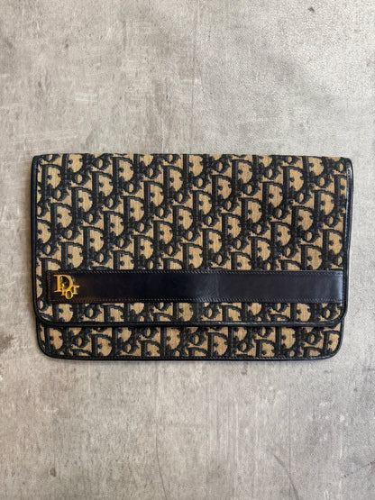 Christian Dior Trotter Canvas Gold Tone Hardware Black Leather Detail Clutch