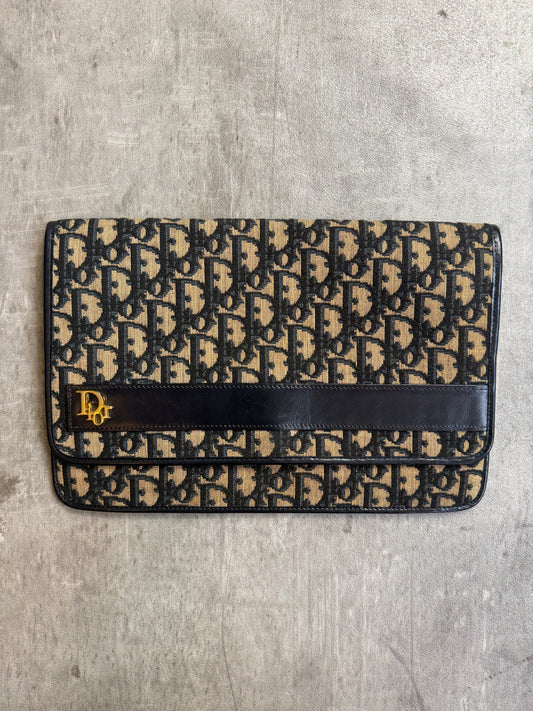 Christian Dior Trotter Canvas Gold Tone Hardware Black Leather Detail Clutch