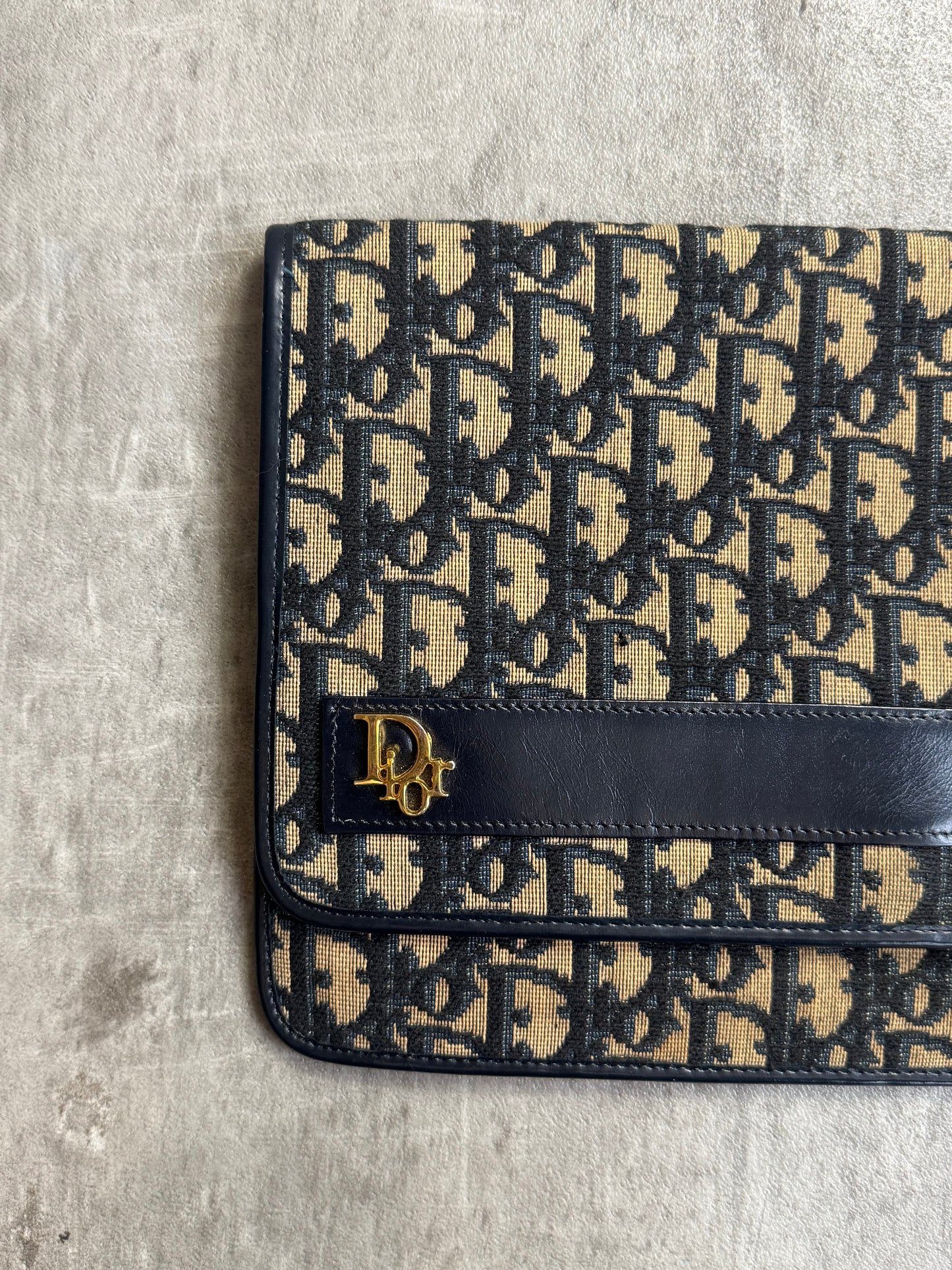 Christian Dior Trotter Canvas Gold Tone Hardware Black Leather Detail Clutch