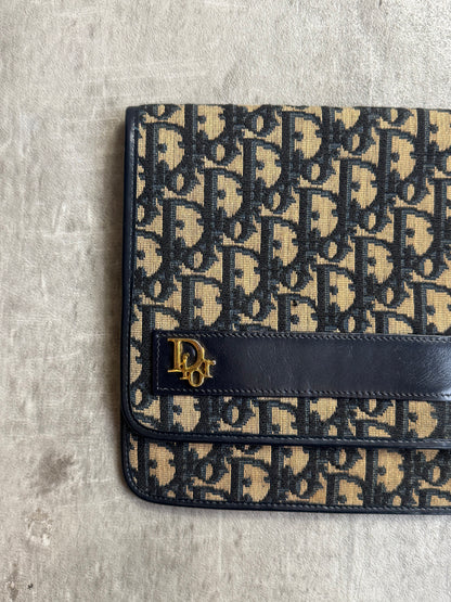 Christian Dior Trotter Canvas Gold Tone Hardware Black Leather Detail Clutch