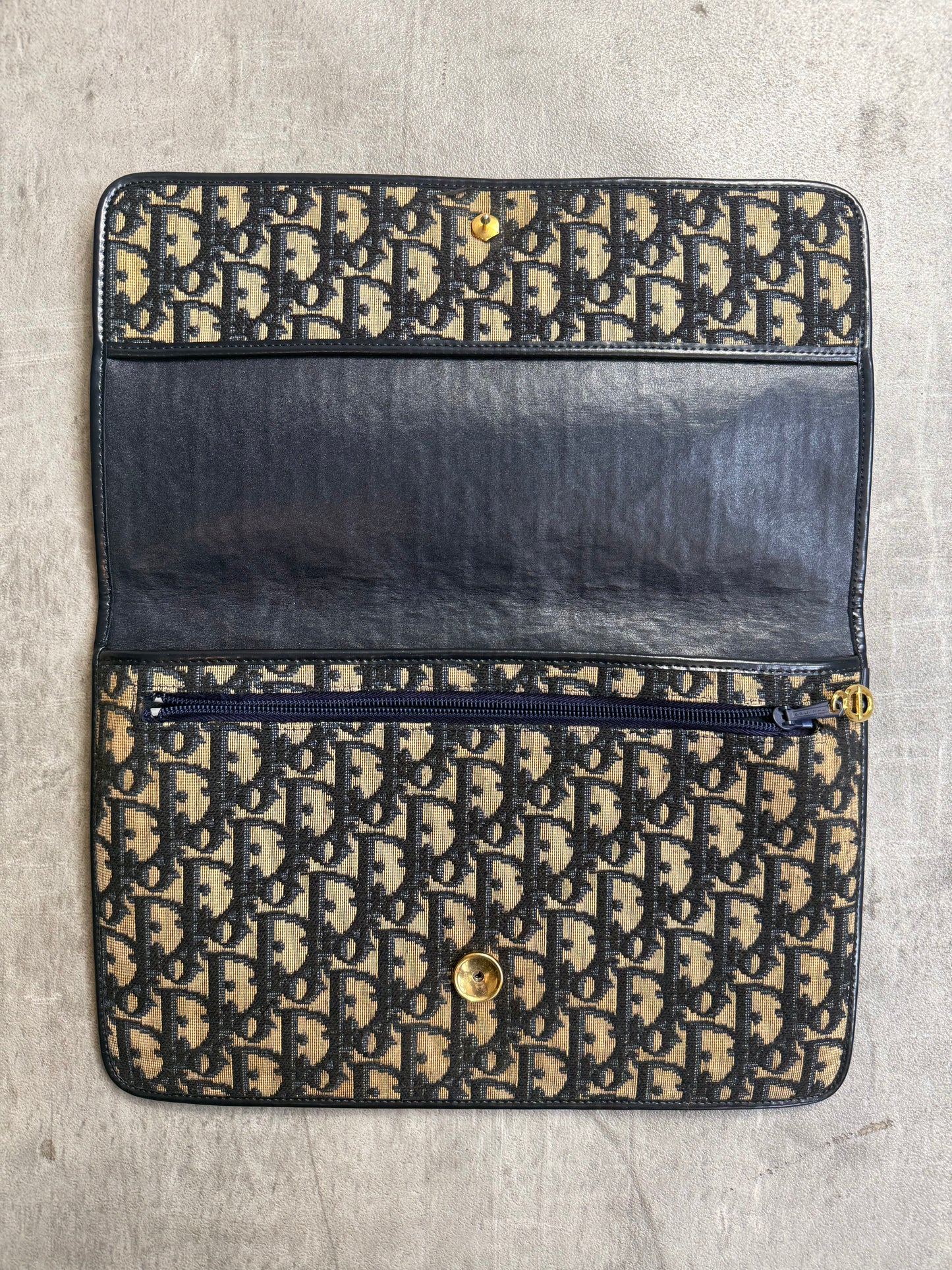 Christian Dior Trotter Canvas Gold Tone Hardware Black Leather Detail Clutch