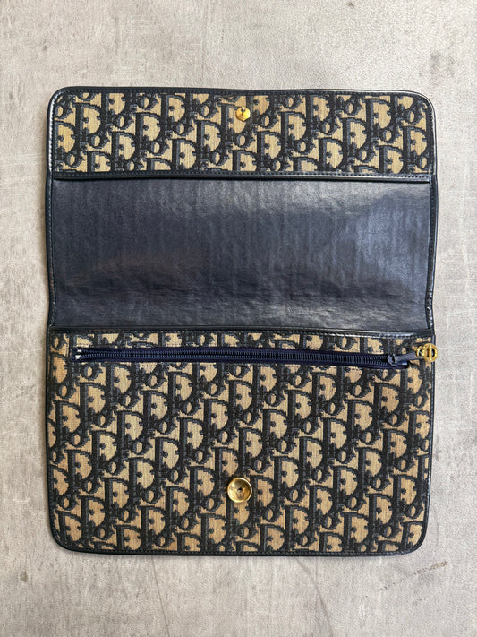 Christian Dior Trotter Canvas Gold Tone Hardware Black Leather Detail Clutch