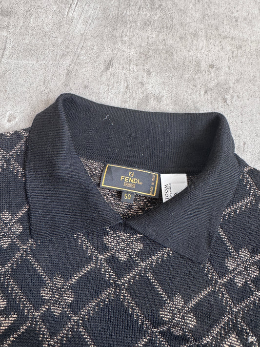 Fendi Virgin Wool FF Logo Collared Knit Sweater