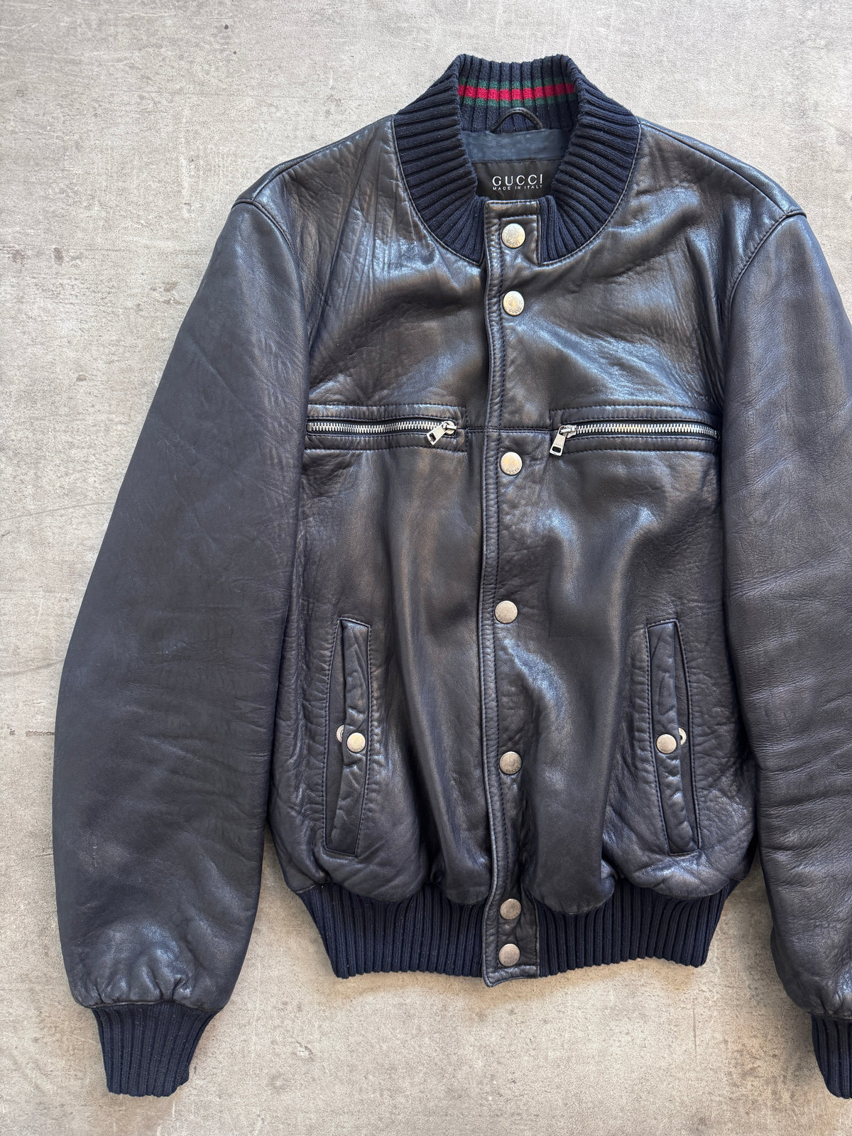 2000's Gucci Navy Leather Flight Bomber Jacket